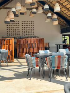 a patio with tables and chairs and pendant lights at Honeyguide Conservation Lodge in Golders Green +88 photos