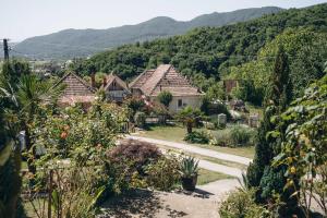 a group of houses with mountains in the background at Casa cu Palmieri in Călimăneşti