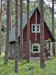 a red cabin in the woods with trees at Roosi Camping Houses in Rannaküla