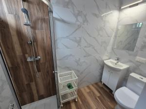 a bathroom with a shower and a toilet and a sink at Willa Elżbieta in Rewal +57 photos