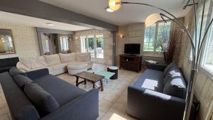 a living room with two couches and a tv at Maison familiale à la campagne in Vallères
