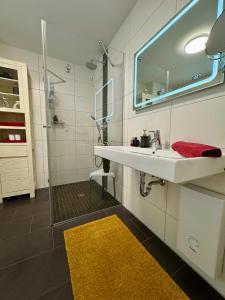 a bathroom with a sink and a mirror and a shower at Aquamarin Ostseetraumsuite 05 in Neuhaus +20 photos