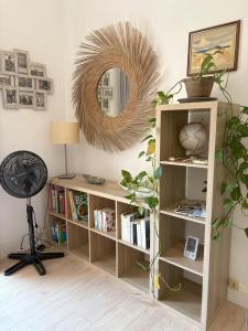 a room with a book shelf and a mirror at Le Jean Moulin Vert in Sète