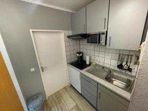 a small kitchen with a sink and a counter at Kaleu in Burgtiefe auf Fehmarn 
