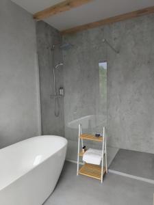 a white bathroom with a tub and a shower at Celest Boutique Urban Hideaway in Braşov +33 photos