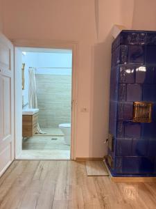 a bathroom with a door leading to a toilet and a tub at Pensiunea Belleview in Sibiu +42 photos