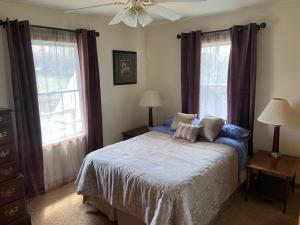 a bedroom with a bed and two windows at Large Country Home in Bloomington