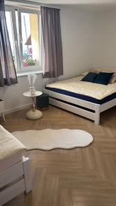 a bedroom with a bed and a window and a rug at Apartament u Dyncyka in Krajno Pierwsze