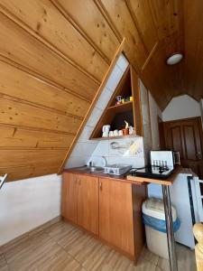 cocina con paredes de madera y techo de madera en Na Wzgórzu, en Czarna Góra
