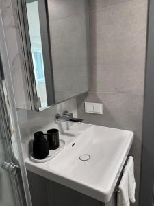 ein Badezimmer mit einem weißen Waschbecken und einem Spiegel in der Unterkunft Oberbaar 7 in Baar