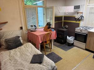 a small kitchen with a table and a stove at Family fishing hut in Starý Petřín