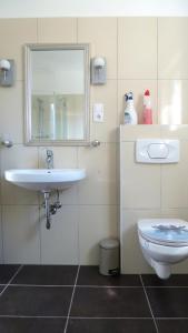 a bathroom with a sink and a toilet at blue lagoon in Fehmarn +11 photos