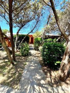 a path leading to a red house with trees at La Casetta al mare in Stintino