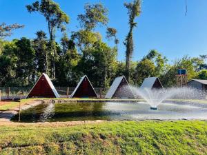 a fountain in a park with a pond at Chalé do Lago in Sinop +1 photo