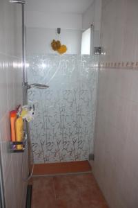 een badkamer met een douche met een glazen deur bij Liselotte's room  +10 foto's