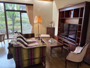 a living room with a couch and a television at RESIDENCE AKATSUKI 中庭と坪庭で和洋を愉しむ一棟貸し 8名広々238平米 八王子ic近く in Hachioji