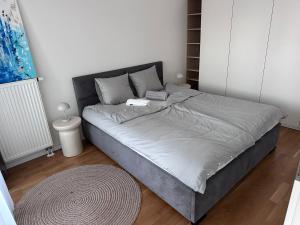 un grand lit dans une chambre avec un tapis dans l'établissement Mytna 50, à Bratislava