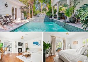 a home with a swimming pool and a living room at Tranquil Oasis With Hot Tub, Near Dt & Beach Scene in West Palm Beach
