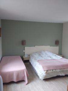 a bedroom with two beds with pink sheets at Chambre discrète 2 à 3 pers in Camphin-en-Carembault