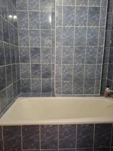 a shower with blue tiled walls and a white bath tub at Квартира в Бишкеке in Bishkek