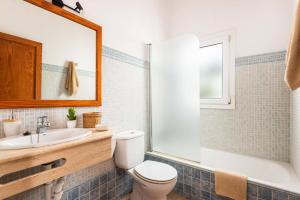 a bathroom with a toilet and a sink and a mirror at Villa Airosa by Villa Plus in Cala'n Porter +16 photos
