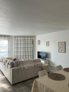 un soggiorno bianco con un divano e una TV di Maison avec jardin en Provence a Oraison