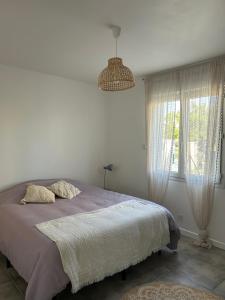 una camera con letto e luce a ciondolo di Maison avec jardin en Provence a Oraison