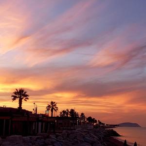 a sunset over a beach with palm trees at Il Canto del Mare Rooms & Suites in Porto SantʼElpidio