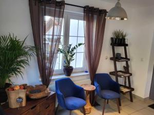 a living room with two blue chairs and a window at Pension Miss Sophie in Kyritz +28 photos
