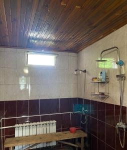 a bathroom with a shower and a wooden table at Talas guest house in Talas