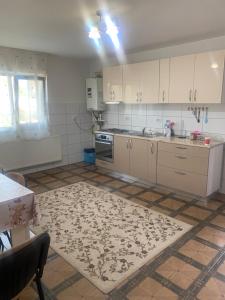 Eine Küche mit weißen Schränken und einem Teppich auf dem Boden in der Unterkunft Vila Lory in Vaslui