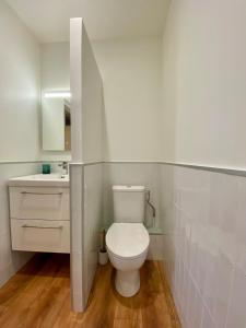 een witte badkamer met een toilet en een wastafel bij Haut Chatelet in Orléans +8 foto's