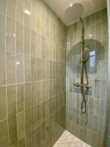 een badkamer met een douche met groene tegels bij Haut Chatelet in Orléans