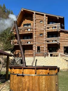 a wooden building with a wooden barrel in front of it at Pensiunea Streiu in Lepşa