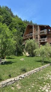 a log house in a field with trees and grass at Pensiunea Streiu in Lepşa