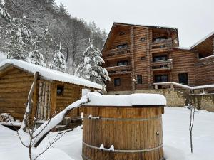 a log cabin in the snow with a wooden barrel at Pensiunea Streiu in Lepşa +17 photos