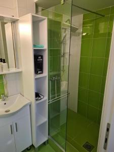 un baño con ducha y lavabo en Pancho Apartment's, en Kumanovo 5 fotos más
