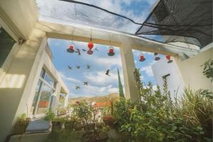 Una ventana en una casa con pájaros volando en el cielo. en Casa Santa Fe, en Guanajuato