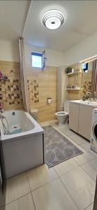 a large bathroom with a tub and a toilet at Casa Maxim - relaxare în verde in Pantelimon
