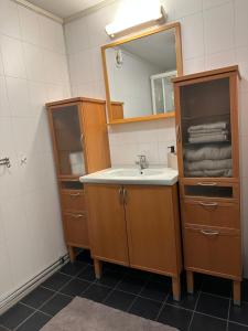 a bathroom with a sink and a mirror at Leiligheten in Trondalen