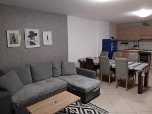 a living room with a couch and a table and a kitchen at Apartman276eu Passo del Tonale in Passo del Tonale