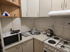 Una pequeña cocina con fregadero y microondas. en Apartman Papilon, en Mostar 10 fotos más