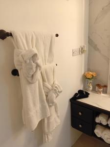 a bathroom with white towels hanging on a rack at Lawrence Legacy 2 in Saint Georgeʼs