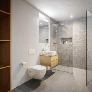a bathroom with a toilet and a sink and a shower at Edelweiss Ferienwohnung, Stenna Selva Vida in Flims