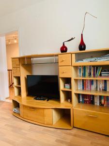 a wooden entertainment center with a tv and books at Ferienwohnung-Mühlviertel in Oepping