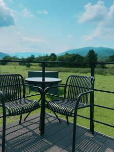 two benches and a table on a deck with a field at Yaremche Apartments in Yaremche