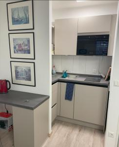 a kitchen with white cabinets and a counter top at Appartment Schwabenblick in Augsburg +2 photos