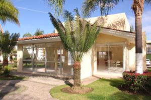 a palm tree in front of a house at Residencia Galicia Family in Guadalajara