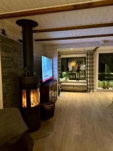 un soggiorno con camino e televisione di Discover the ultimate aurora escape with a cozy outdoor sauna and hot tub a Karlsøy