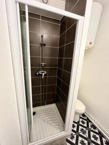 a shower with a glass door in a bathroom at Le 136 B in Grenoble